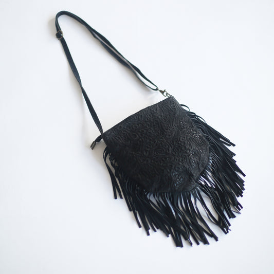 Suede Embossed Fringed Crossbody Bag – Bohemian Elegance